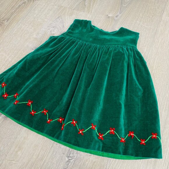 Vintage Baby Girls Green Velvet Flower Embroidered Sleeveless Swing Dress 12m - Picture 2 of 10